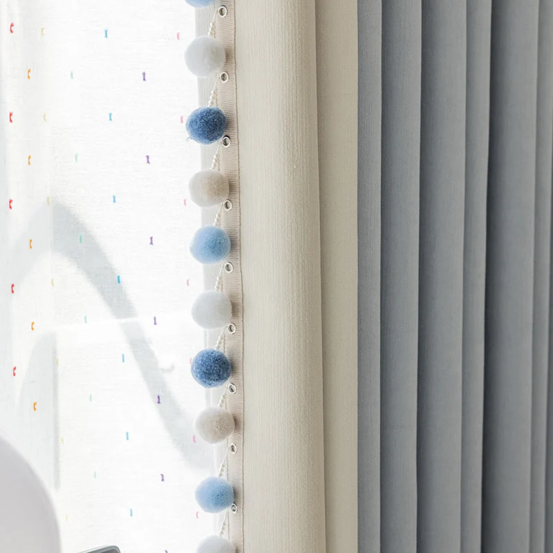 Cream-Colored Chenille Blackout Curtains for Children's Room, Sleeping Beauty Style, with Pom-Pom Design, Custom-Made Finished Product