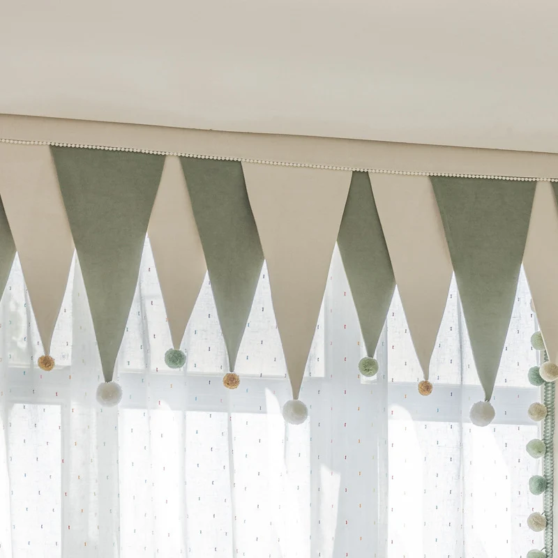 Cream-Colored Chenille Blackout Curtains for Children's Room, Sleeping Beauty Style, with Pom-Pom Design, Custom-Made Finished Product