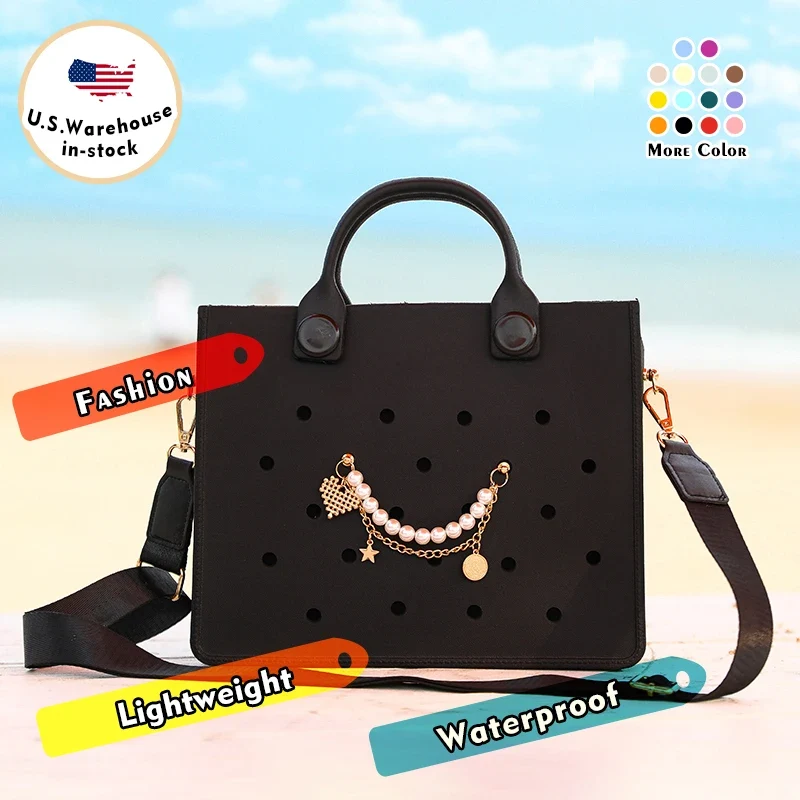 Lightweight Perforated Reusable EVA Handbag Black Women's Tote Bags for Women & Girl with Shoulder Strap for Beach & College