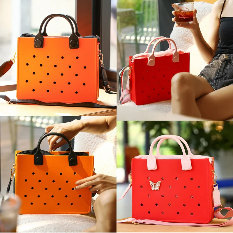 Lightweight Perforated Reusable EVA Handbag Black Women's Tote Bags for Women & Girl with Shoulder Strap for Beach & College