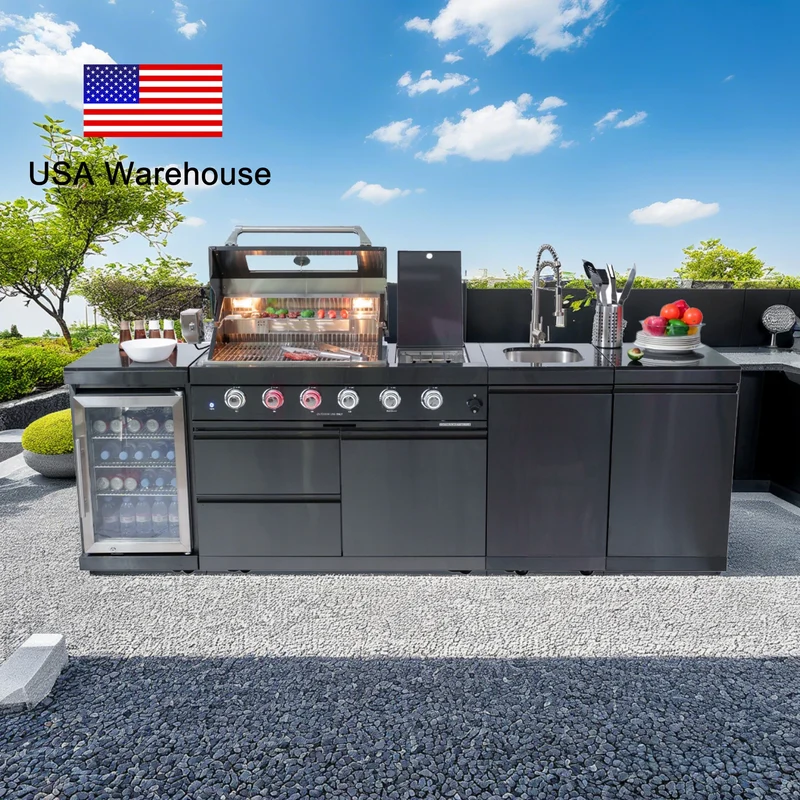 Stock in USA Modern Black 304 Stainless Steel Mobile Gas Grill Bbq Modular Outdoor Kitchen Island for Patio