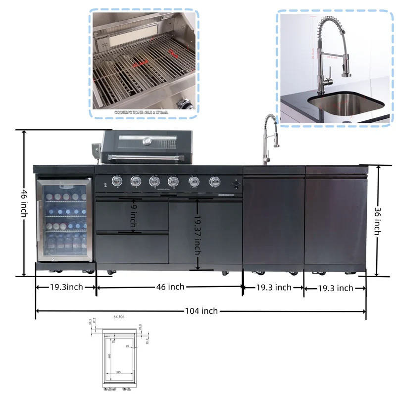 Stock in USA Modern Black 304 Stainless Steel Mobile Gas Grill Bbq Modular Outdoor Kitchen Island for Patio