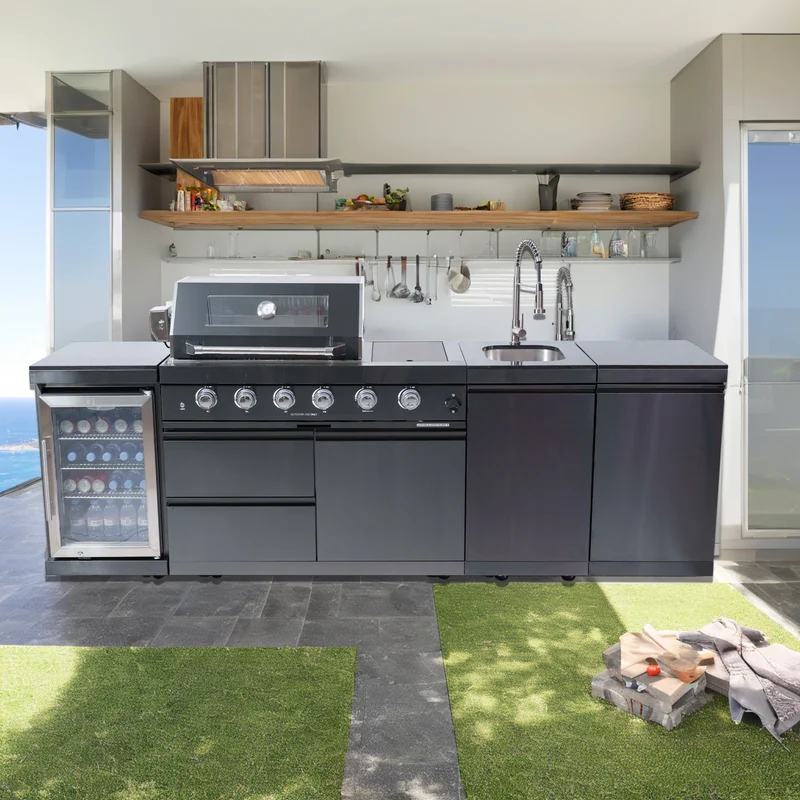 Stock in USA Modern Black 304 Stainless Steel Mobile Gas Grill Bbq Modular Outdoor Kitchen Island for Patio