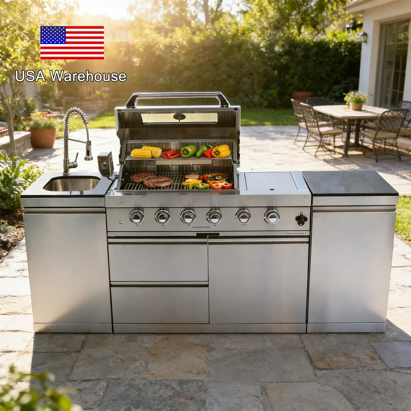 Stock in USA Warehouse 304 Stainless Steel Natural Propane Gas BBQ Grills Outdoor Kitchen Cabinets for Garden