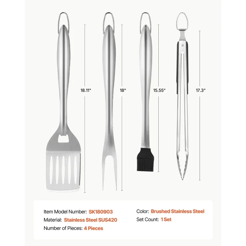 Overseas Stock Free Shipping 4PCS Grilling Tool Set BBQ Grill Accessories Stainless Steel Barbecue Utensil