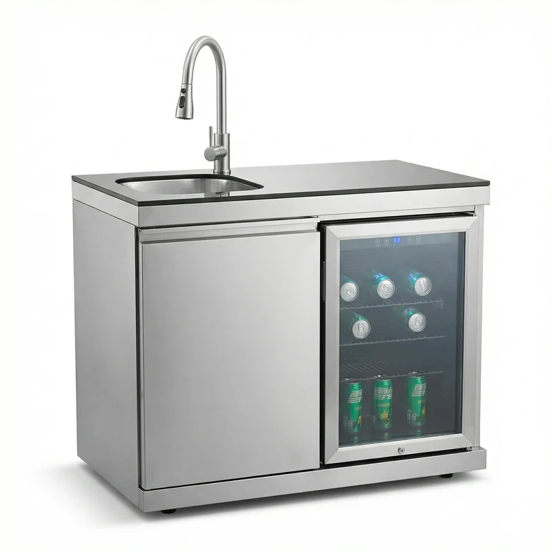 Sink Fridge Combo Outdoor Kitchen 70L Refrigerator Portable Durable 3-Burner OE Home Pull-Down Faucet Brushed SS Granite BBQ
