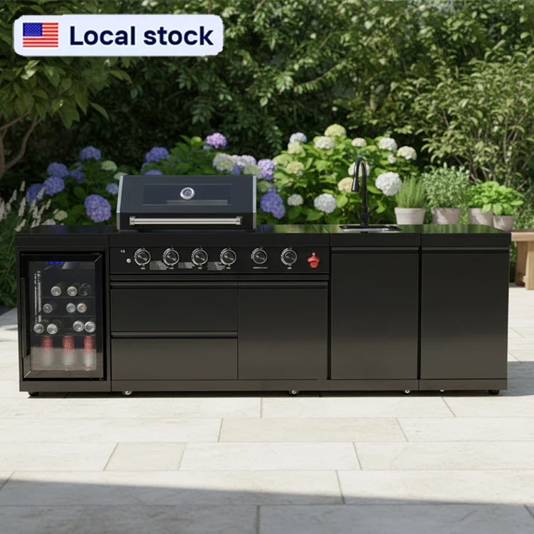 US Overseas Warehouse 304 Stainless Steel Outdoor Kitchen BBQ Island All in One Cooking Station with Fridge & Sink