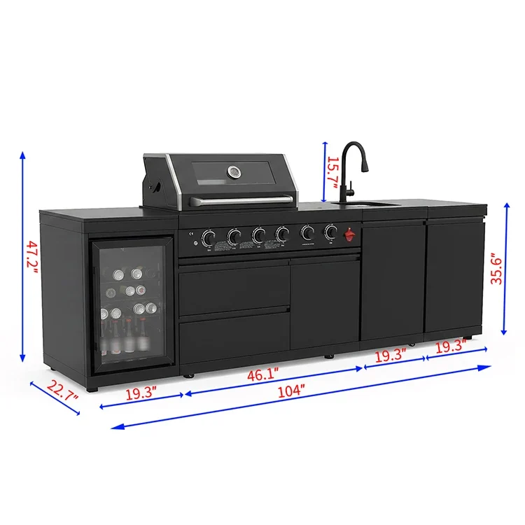 US Overseas Warehouse 304 Stainless Steel Outdoor Kitchen BBQ Island All in One Cooking Station with Fridge & Sink