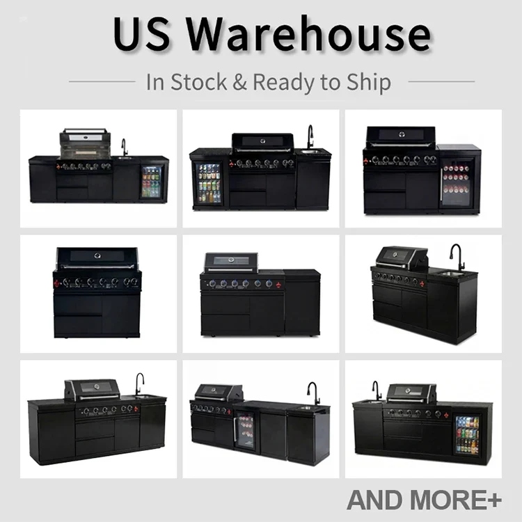 US Overseas Warehouse 304 Stainless Steel Outdoor Kitchen BBQ Island All in One Cooking Station with Fridge & Sink