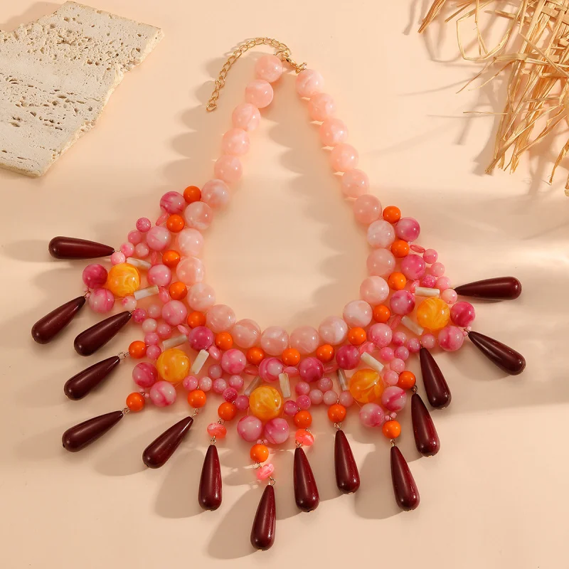 1pc Exaggerated Multi-layered Water Drop Shaped Handmade Beaded Beach Resort Style High-end Gradient Color Collarbone Necklace