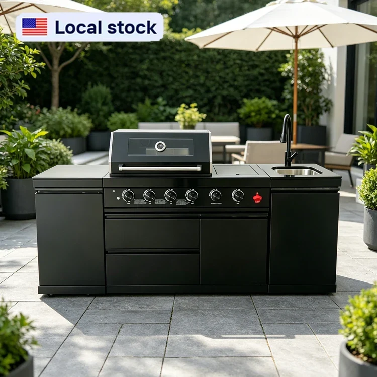 US in Stock Outdoor Kitchen Barbecue Island Black Stainless Steel Barbecue Island 4 Burner BBQ Grill with Sink