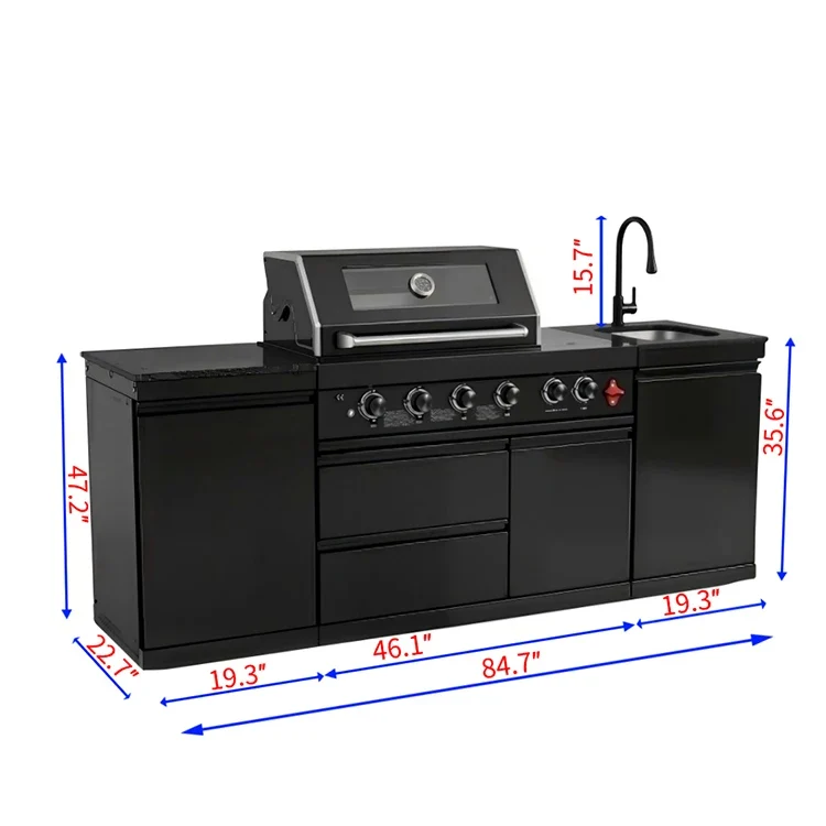 US in Stock Outdoor Kitchen Barbecue Island Black Stainless Steel Barbecue Island 4 Burner BBQ Grill with Sink