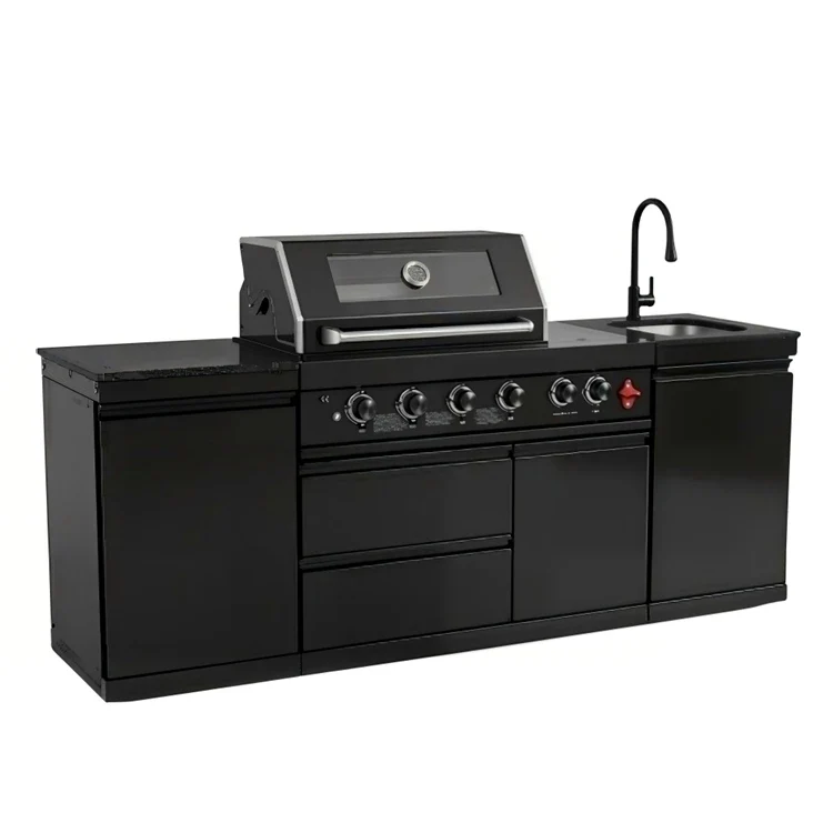 US in Stock Outdoor Kitchen Barbecue Island Black Stainless Steel Barbecue Island 4 Burner BBQ Grill with Sink