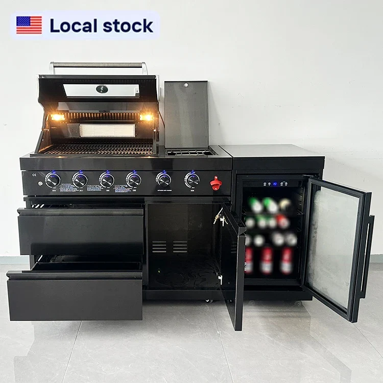US Warehouse 304 Stainless Steel Outdoor Kitchen Set with 4-Burner BBQ Grill and Fridge for Backyard Garden