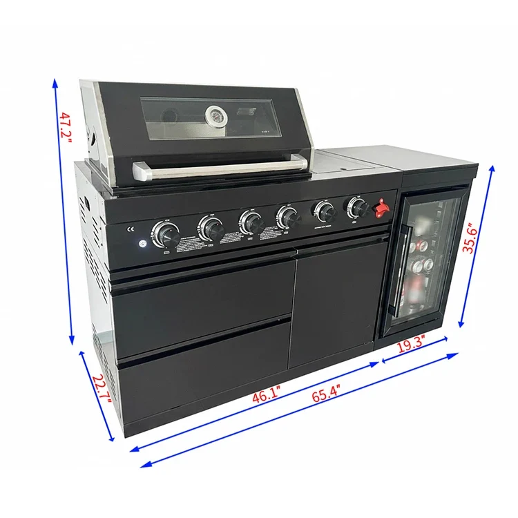 US Warehouse 304 Stainless Steel Outdoor Kitchen Set with 4-Burner BBQ Grill and Fridge for Backyard Garden