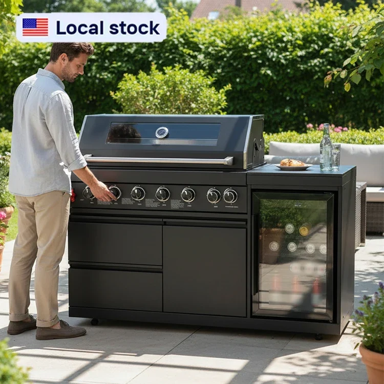 US Overseas Warehouse 2026 Hot Sale Premium Customized Modern Outdoor Kitchen Island BBQ Grills Cabinet With Fridge