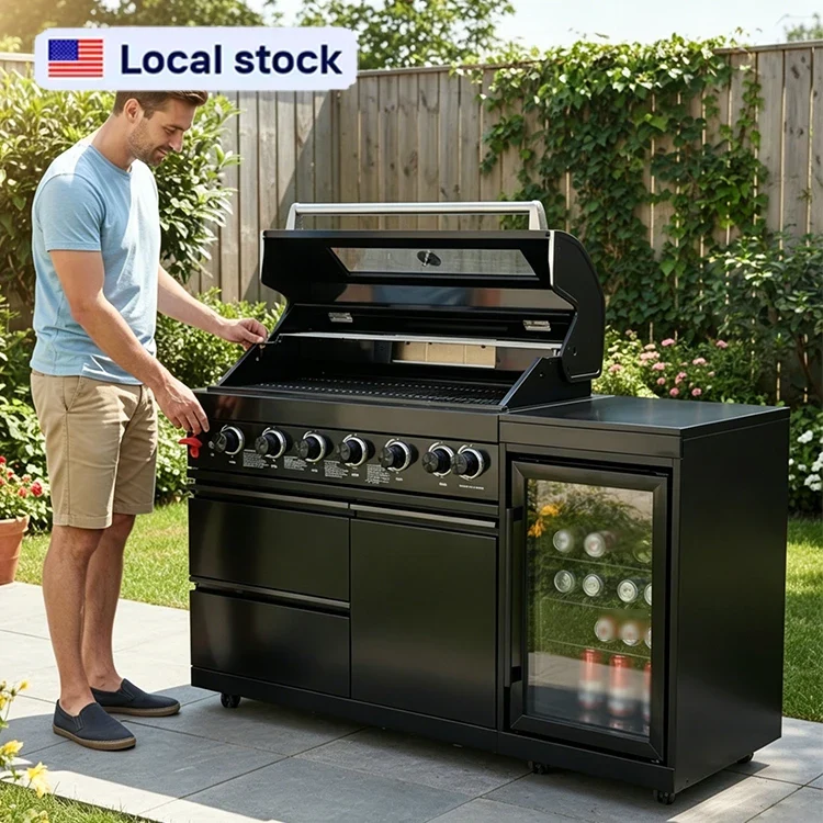 US Overseas Warehouse 2026 Hot Sale Premium Customized Modern Outdoor Kitchen Island BBQ Grills Cabinet With Fridge
