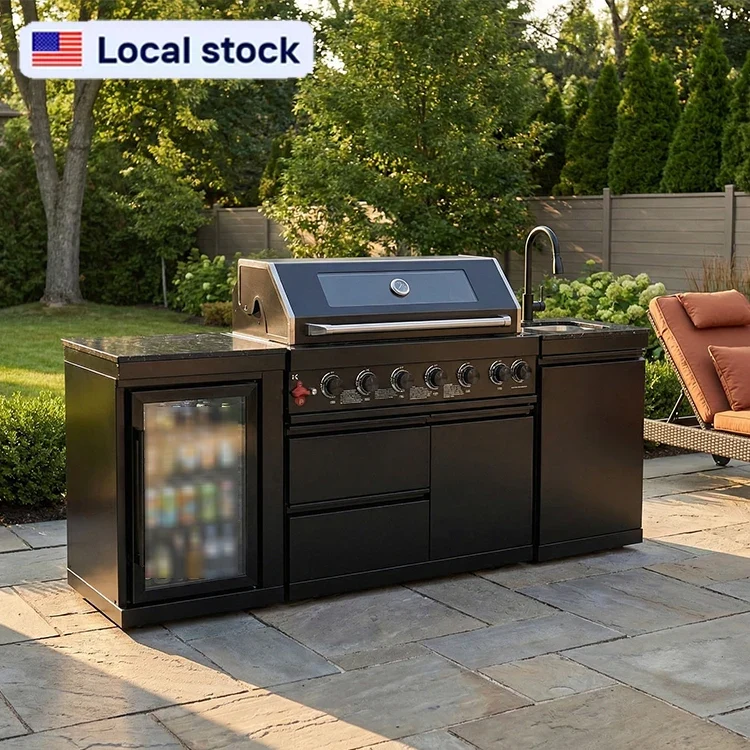 CE Certified Black Stainless Steel Outdoor Kitchen All-in-One Cooking Station BBQ Kitchen for Villa Entertaining