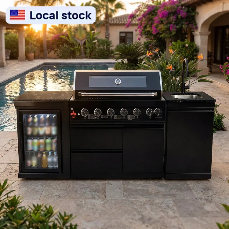 CE Certified Black Stainless Steel Outdoor Kitchen All-in-One Cooking Station BBQ Kitchen for Villa Entertaining