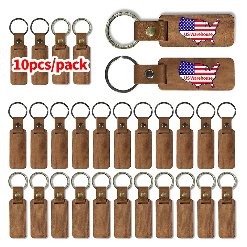 Stock 10pcs Wooden Blank Keychain for Engraving Painting Keychains With Leather Strap Keychain for Key Tag Luggage Tag Gift
