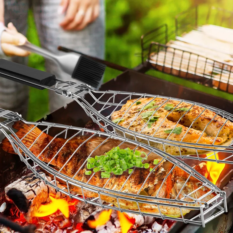 Heavy Duty 430 Stainless Steel Fish Grill Basket With Detachable Handle Fish BBQ Grill Cage For Salmon Veggies And Seafood