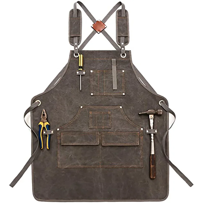 Durable Work Apron with Tool Pockets Heavy Duty Unisex Canvas Adjustable Cross-Back Straps Apron for Carpenter Painting Home BBQ