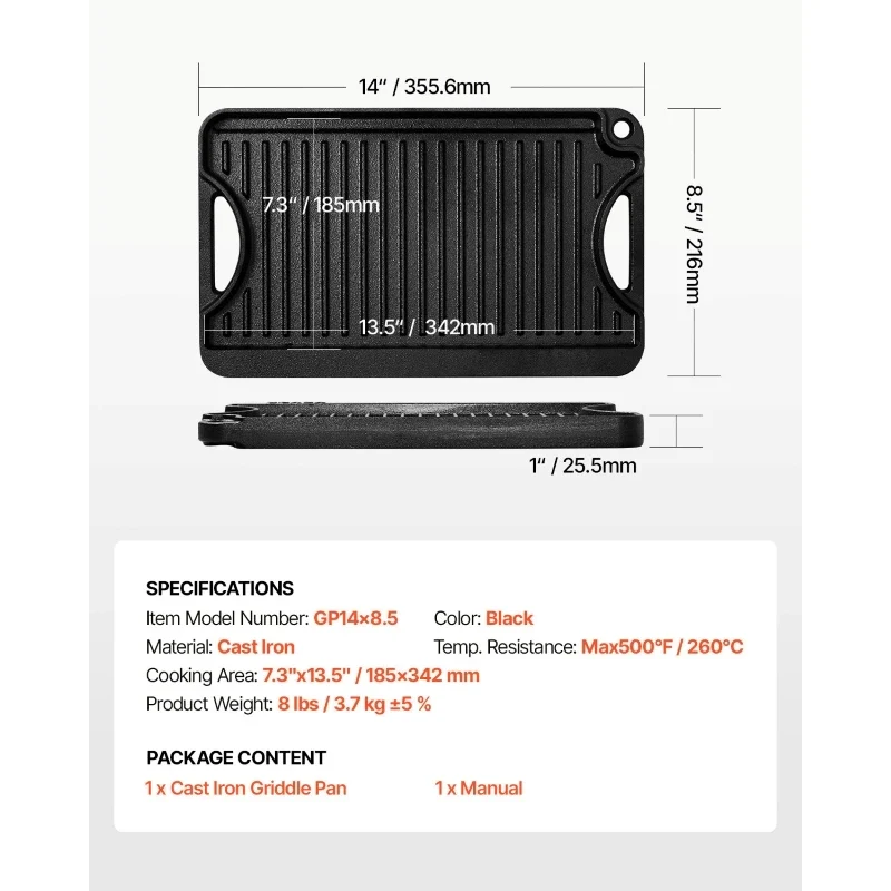 Overseas Stock Free Shipping 14x8.5 Inch Reversible Grill Griddle Pre-Seasoned BBQ Pan Cast Iron Black