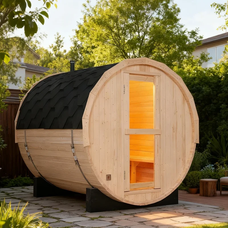 In Stock: Natural White Pine 4-Person Outdoor Barrel Sauna Kit - Premium Backyard Spa