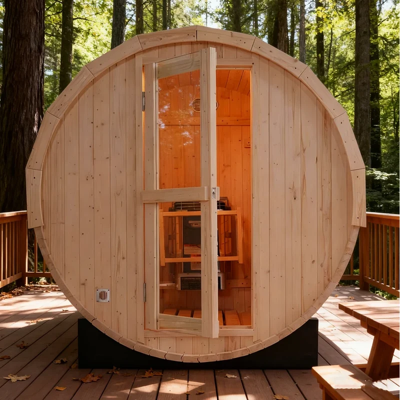 In Stock: Natural White Pine 4-Person Outdoor Barrel Sauna Kit - Premium Backyard Spa