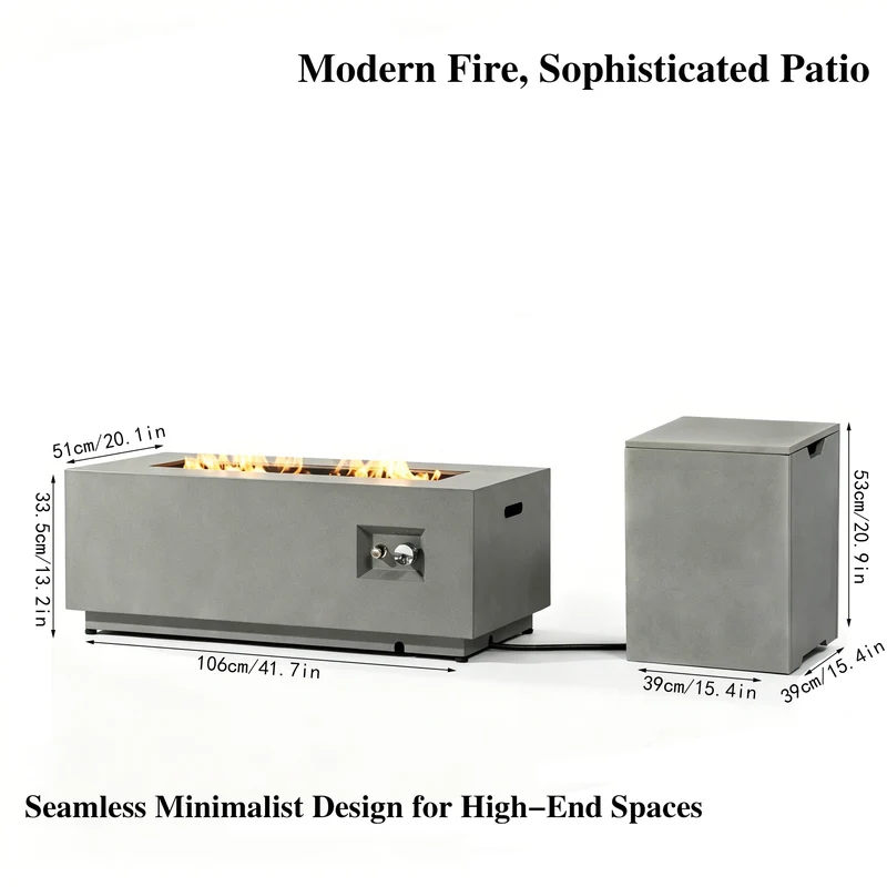 42" Natural Gas Fire Pit Table 2-Piece 50000 BTU Rectangular Corten Steel Glass Wind Guard Eco-Friendly Patio Deck Garden