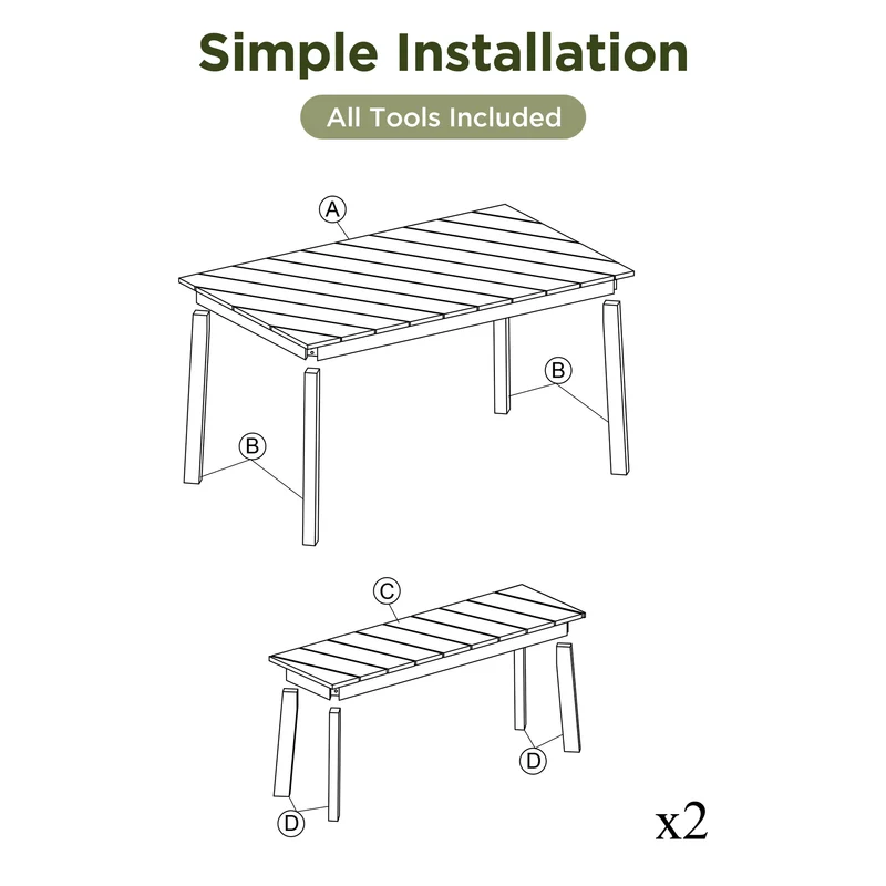 3-Piece Modern Oak Wood Dining Set with 2 Benches Portable Outdoor & Indoor Furniture for 6