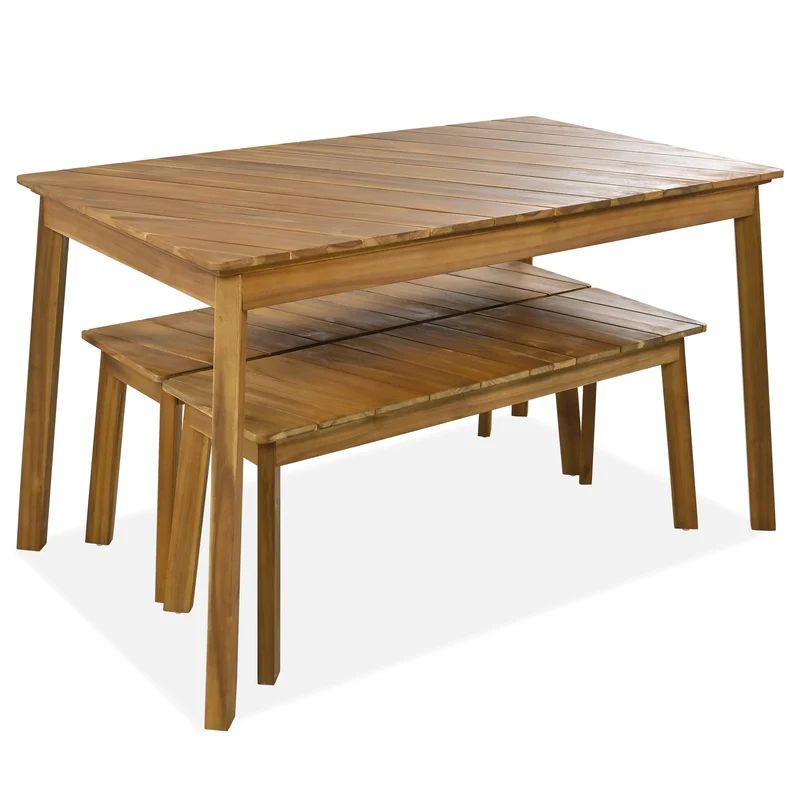 3-Piece Modern Oak Wood Dining Set with 2 Benches Portable Outdoor & Indoor Furniture for 6