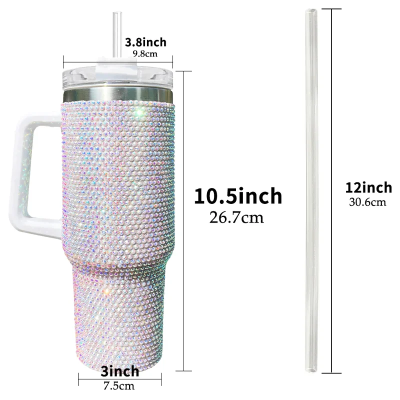 Us Warehouse 40 OZ Rhinestones Bling Durable Coffee Cup Insulated Water Bottles 40 OZ for Home Office Outdoor Daily Use