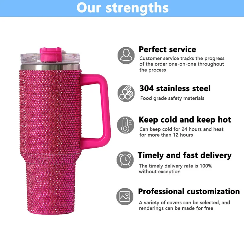 Us Warehouse 40 OZ Rhinestones Bling Durable Coffee Cup Insulated Water Bottles 40 OZ for Home Office Outdoor Daily Use