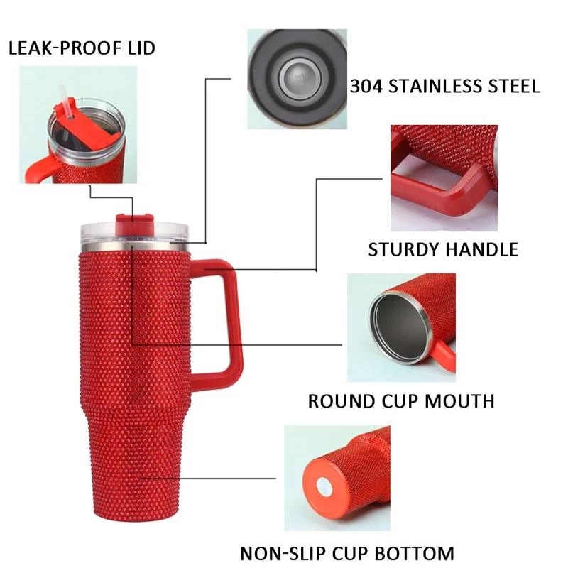 Us Warehouse 40 OZ Rhinestones Bling Durable Coffee Cup Insulated Water Bottles 40 OZ for Home Office Outdoor Daily Use
