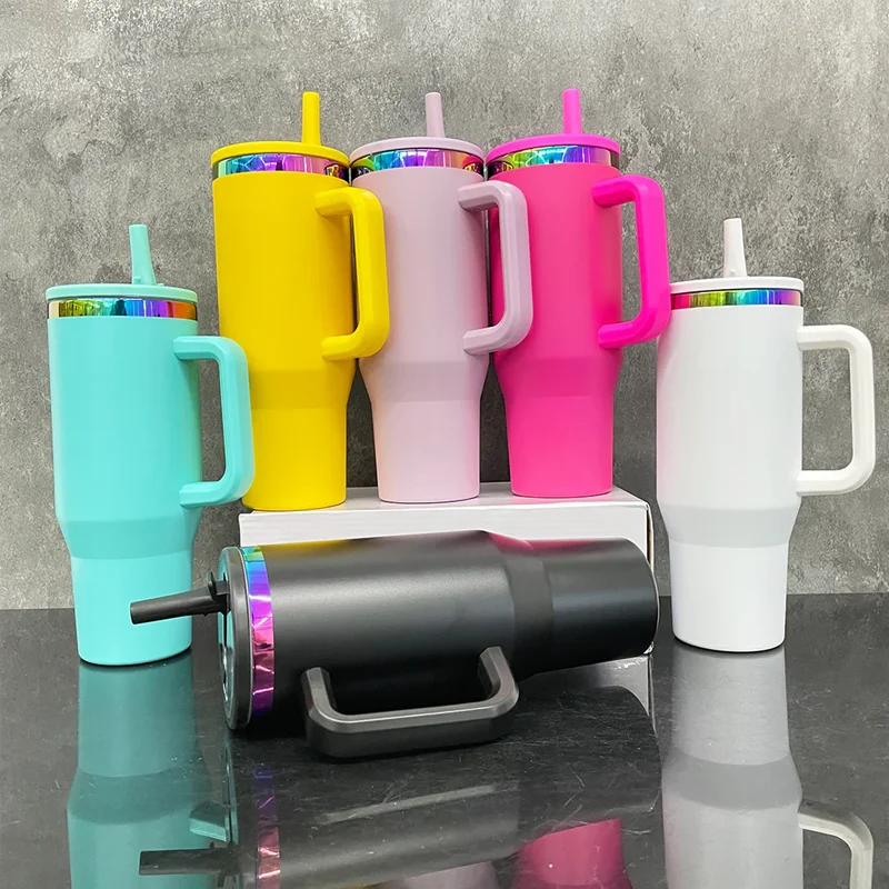 Us Warehouse 40 OZ Colorful Rainbow Plated Double Wall Coffee Cup 40 OZ Tumbler for Home Office Outdoor Daily Use