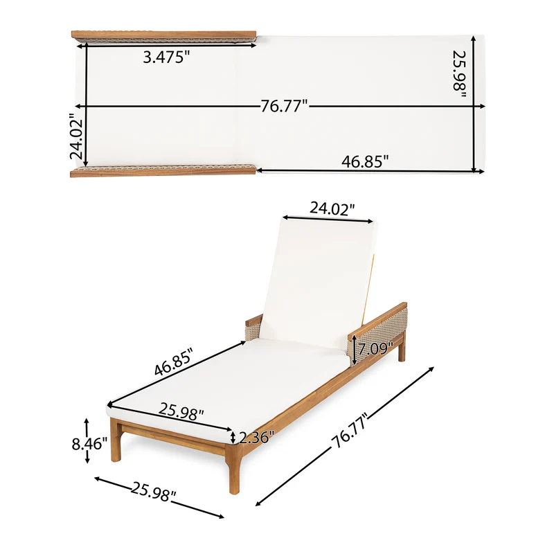 Modern Solid Acacia Wood Outdoor Sun Lounger Polyester Beige Light Grey Cushions Durable Frame Tilting Feature Patio Leisure