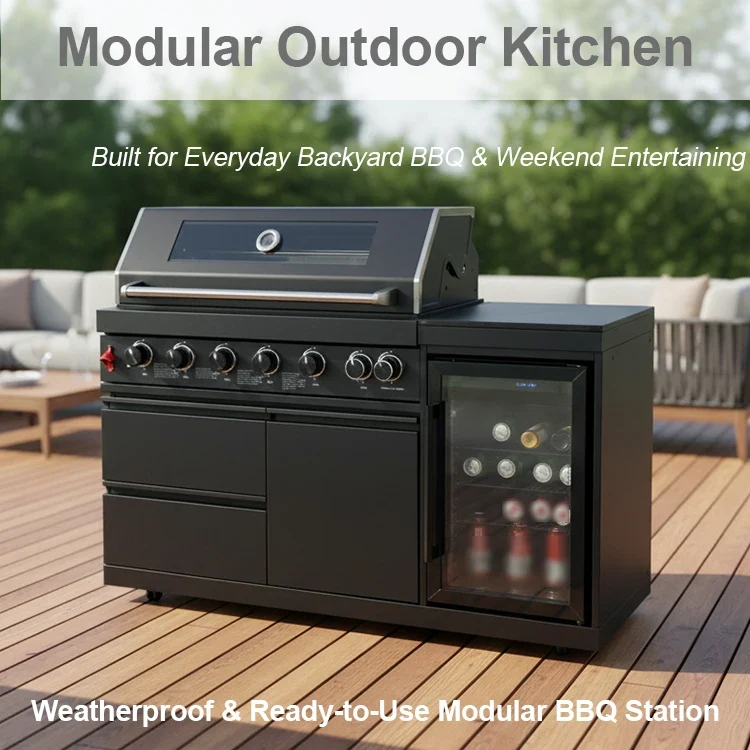 US Overseas Luxury Customized Black Stainless Steel 6-Burner Grill Outdoor Kitchen BBQ Island with Fridge for Custom Backyards