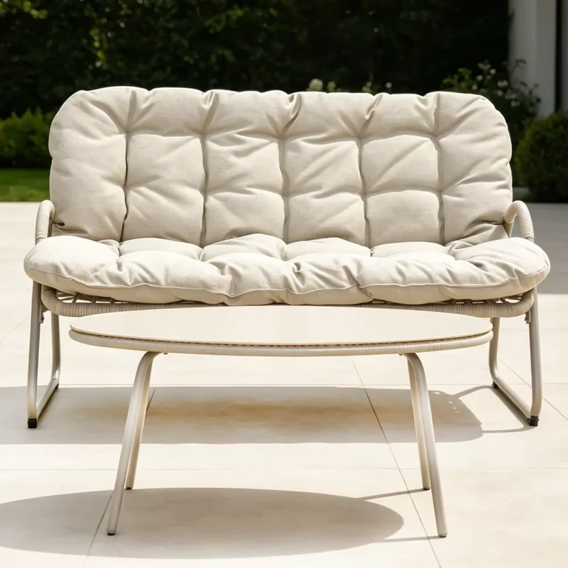 Modern Eco-Friendly Durable Outdoor Loveseat Coffee Table Set All-Weather Metal Frame Patio Conversation Thick Cushions Garden