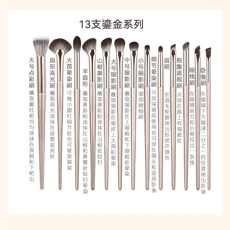 New Makeup Brush Set of 15 Gold-Plated Brushes, Complete Set of Soft-Bristled Eye Shadow Brushes, Ready for Makeup Application