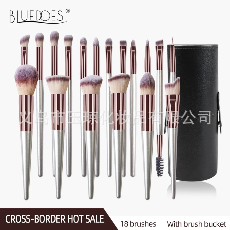 Cross-Border Popular Makeup Brushes 18 Pieces Champagne Color Wooden Handle Set Brushes Eye Shadow Brush Cosmetic Bag Beauty Tools Wholesale
