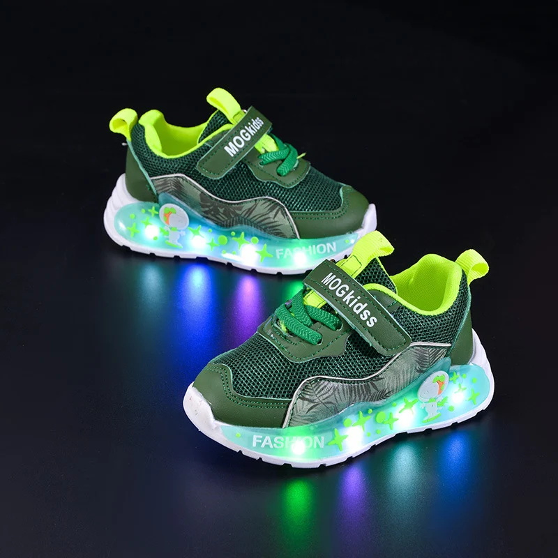 Wholesale Spring and Autumn New Mesh Plaid Boys Led Light Casual Children's Luminous Fashion Cartoon Sports Shoes