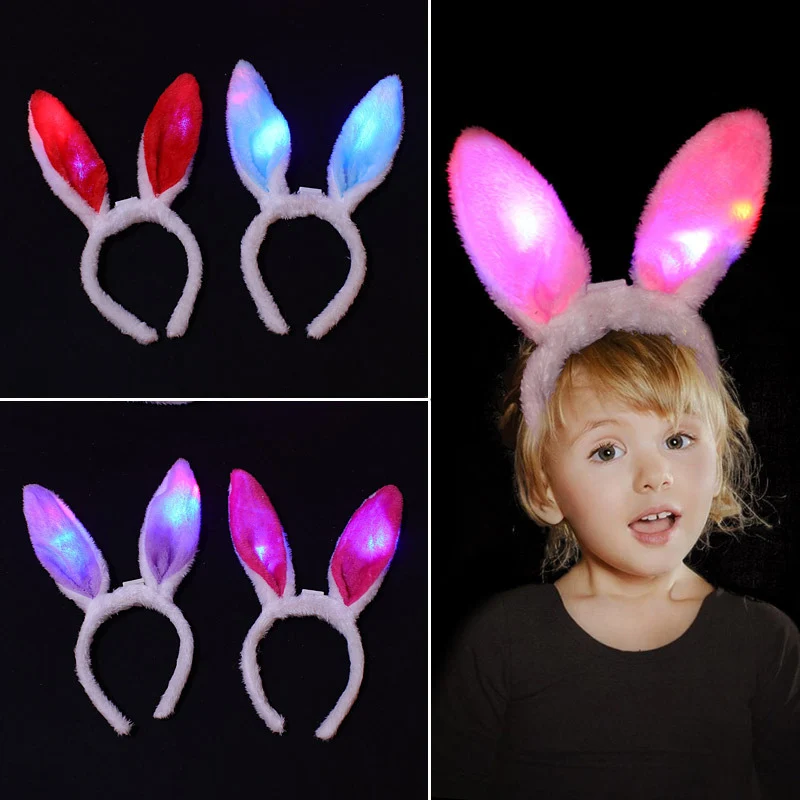 Led Light-Up Plush Bunny Ears Headband for Kids with Light-Up Hair Clip Decoration for Party Performance Props Styling