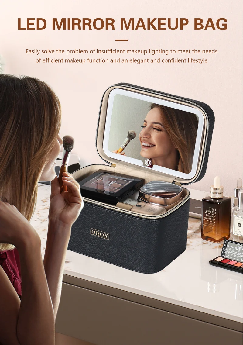 Cross-Border Led Mirror Travel Makeup Bag, Makeup Mirror, Cosmetics Portable Large-Capacity Makeup Case, Hand-Held Beauty Bag