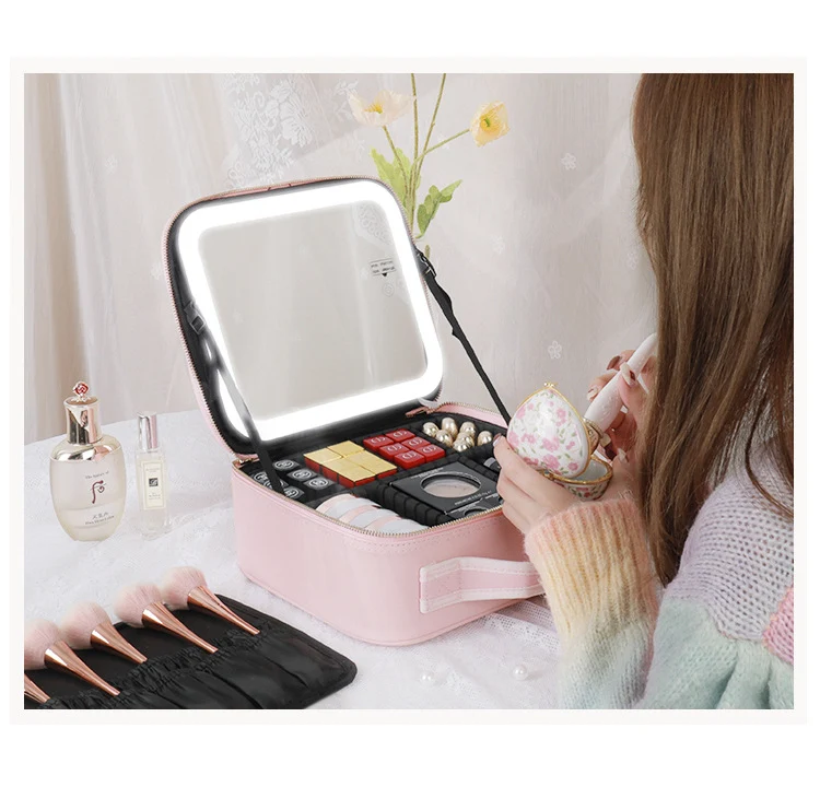 Cosmetic Bag with mirror with light large capacity makeup cosmetic storage bag portable travel removable partition bag
