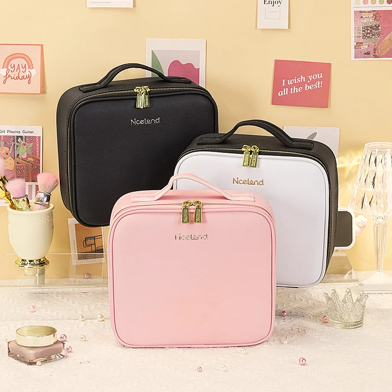 New Style Cosmetic Bag with Light and Mirror Led Light Rechargeable Portable Travel Makeup Cosmetics Cosmetics Bag Ins Style