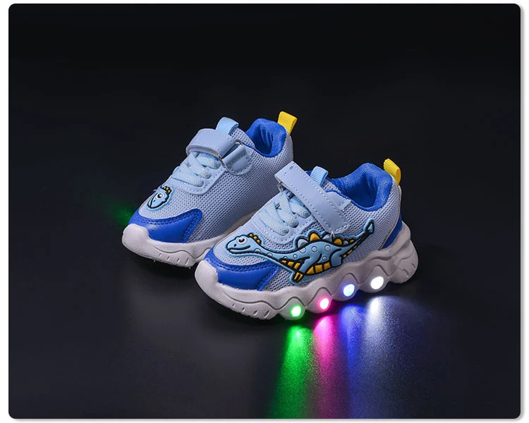 Spring New Style Dinosaur Led Light Sneakers for Boys and Girls Spring & Fall New Mesh Breathable Casual Light Shoes for Children and Middle-Aged Children