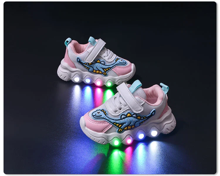 Spring New Style Dinosaur Led Light Sneakers for Boys and Girls Spring & Fall New Mesh Breathable Casual Light Shoes for Children and Middle-Aged Children