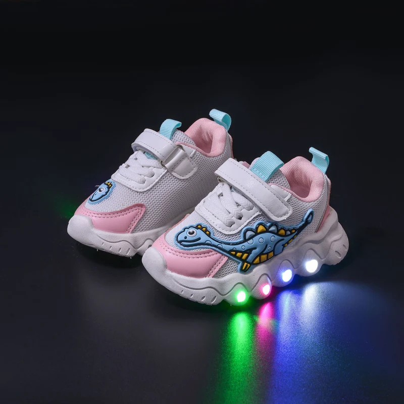 Spring New Style Dinosaur Led Light Sneakers for Boys and Girls Spring & Fall New Mesh Breathable Casual Light Shoes for Children and Middle-Aged Children