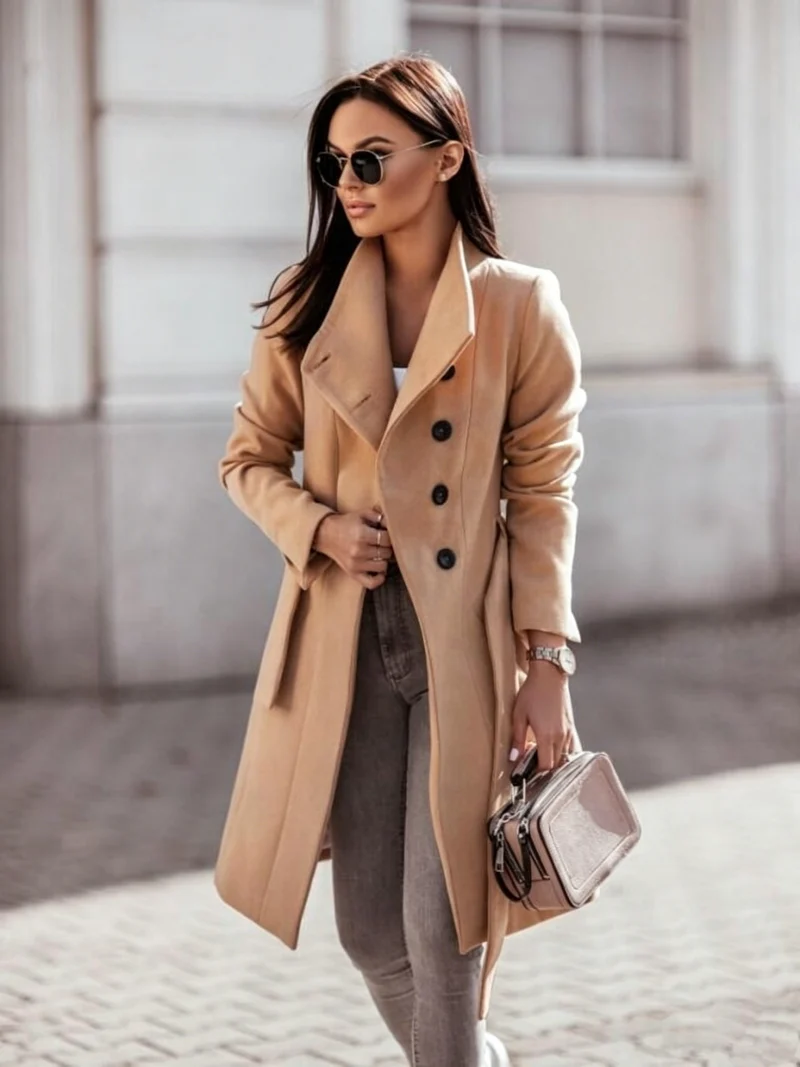 2026 Autumn/Winter European and American New Cross-Border Women's Clothing Amazon Woolen Coat Solid Color Tie-Up Mid-Length Woolen Jacket